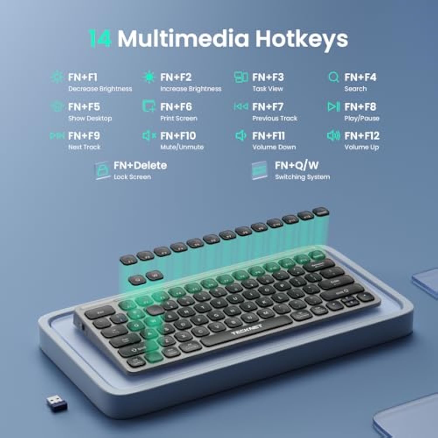 TECKNET Wireless Bluetooth Keyboard, Slim Rechargeable Keyboard (2.4G+BT 5.0), Multi-Device Easy-Switch, Quiet Typing, Silent Mini Portable Cordless USB Computer Keyboards for Windows Laptop PC, Gray