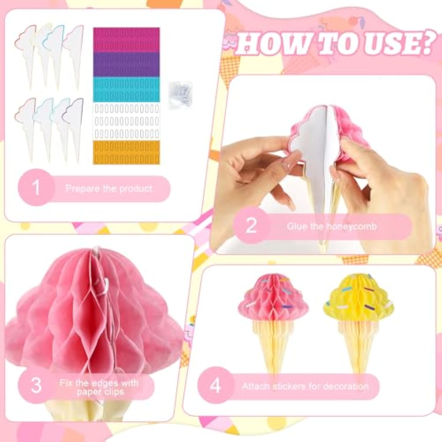 8 Pcs Summer Party Decorations Honeycomb Centerpieces,3D Ice Cream Hanging Decorations For Baby Shower Supplies Birthday Party Favor (Ice.Cream)