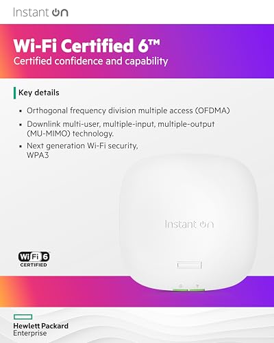 Hpe Networking Instant On Access Point Ap22 2X2 Wifi 6 Indoor Wireless Access Point | Long Range, Secure, Smart Mesh Support | Power Source Not Included | Us Model (R4W01A)