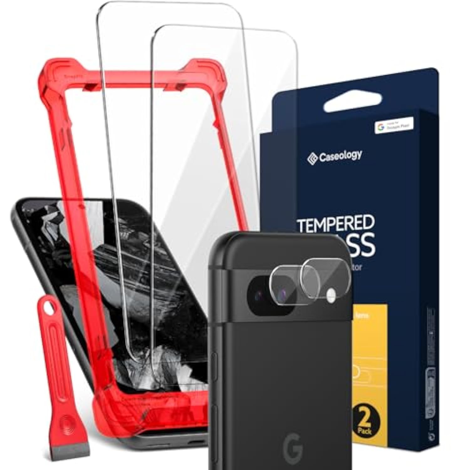 Caseology Snap Fit for Google Pixel 8a Screen Protector [2 Pack] + Camera Lense Protector [2 Pack] (2024) - Clear
