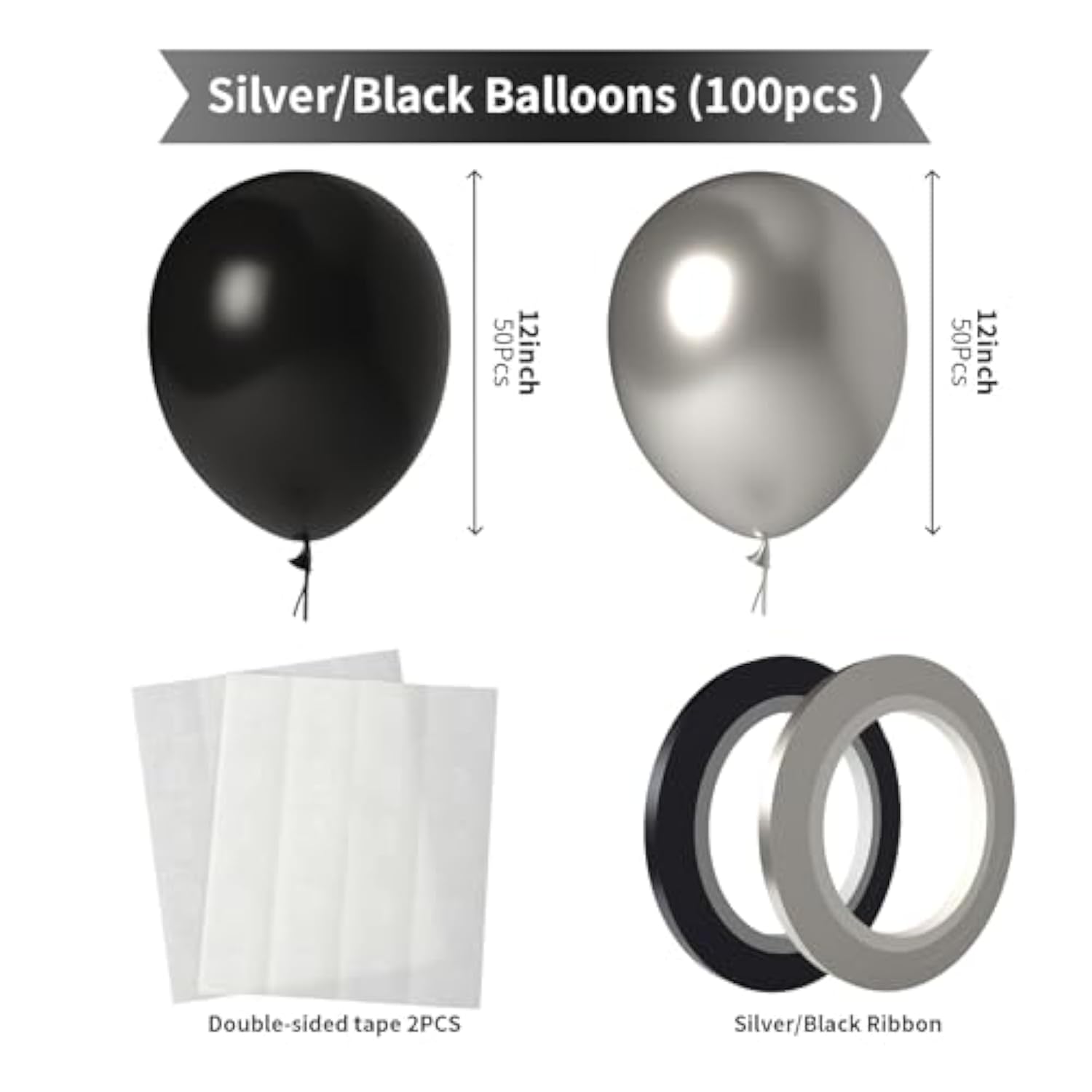 Black And Silver Balloons 100 Pack 12 Inch Metallic Chrome Black Silver Latex Helium Balloons For Birthday Wedding Christmas New Year Party Decorations