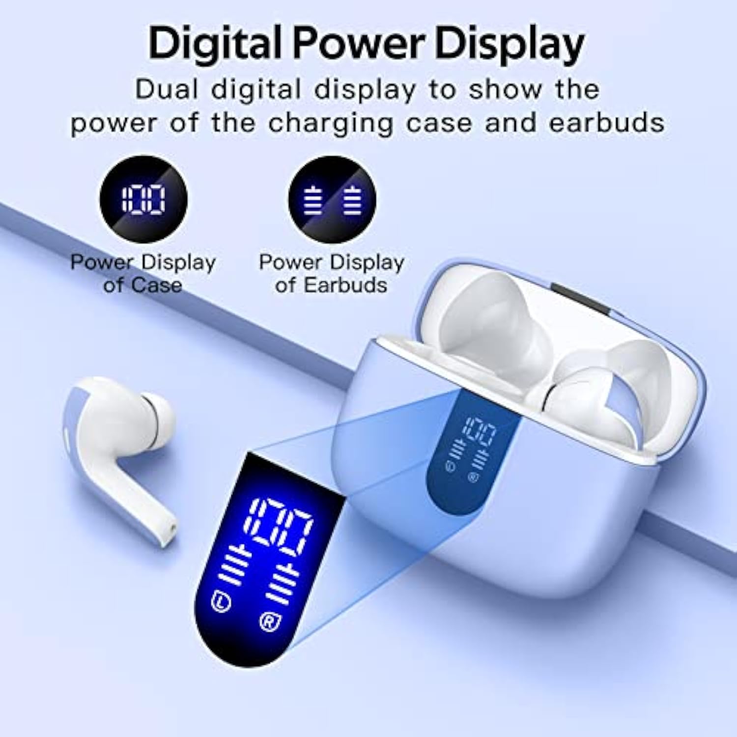 Wireless Earbuds, 60H Playback, LED Display, Wireless Charging, IPX5, Mic