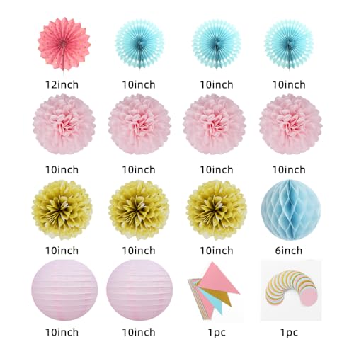 Gold Blue Pink Gender-Reveal Decorations – Tissue Pom Poms Paper Fans Garland Streamers Birthday Party Banner Baby Bridal Shower Wedding Graduation Bachelorette Engagement Hanging Decor