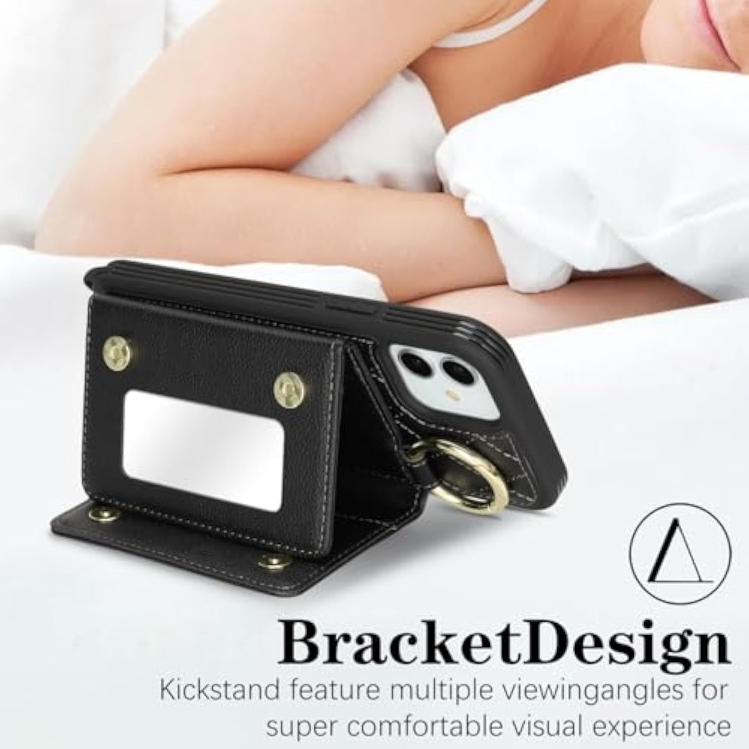 For Iphone 12 Case With Card Holder And Strap For Women,Crossbody Lanyard, Make Up Mirror,Ring Stand,Snap Clasp,Cute Phone Wallet Cases 6.1 Inch - Black