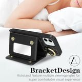 For Iphone 12 Case With Card Holder And Strap For Women,Crossbody Lanyard, Make Up Mirror,Ring Stand,Snap Clasp,Cute Phone Wallet Cases 6.1 Inch - Black