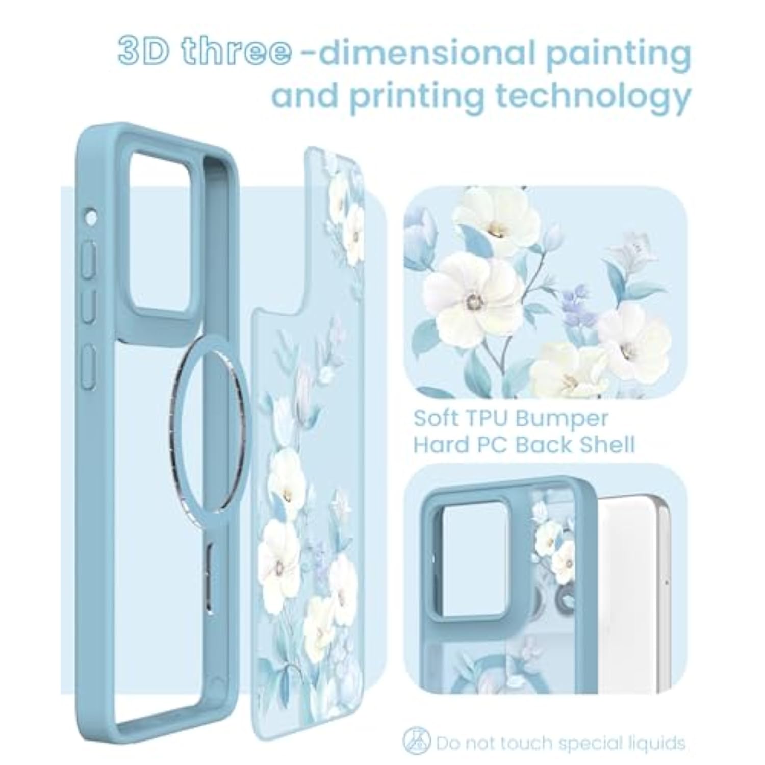 For Motorola Moto G Stylus 5G 2025 Floral Phone Case With 2X Screen Protector, Military Grade Magnetic Translucent Matte Girls Women Flower Pattern Protective Cover (Blue)