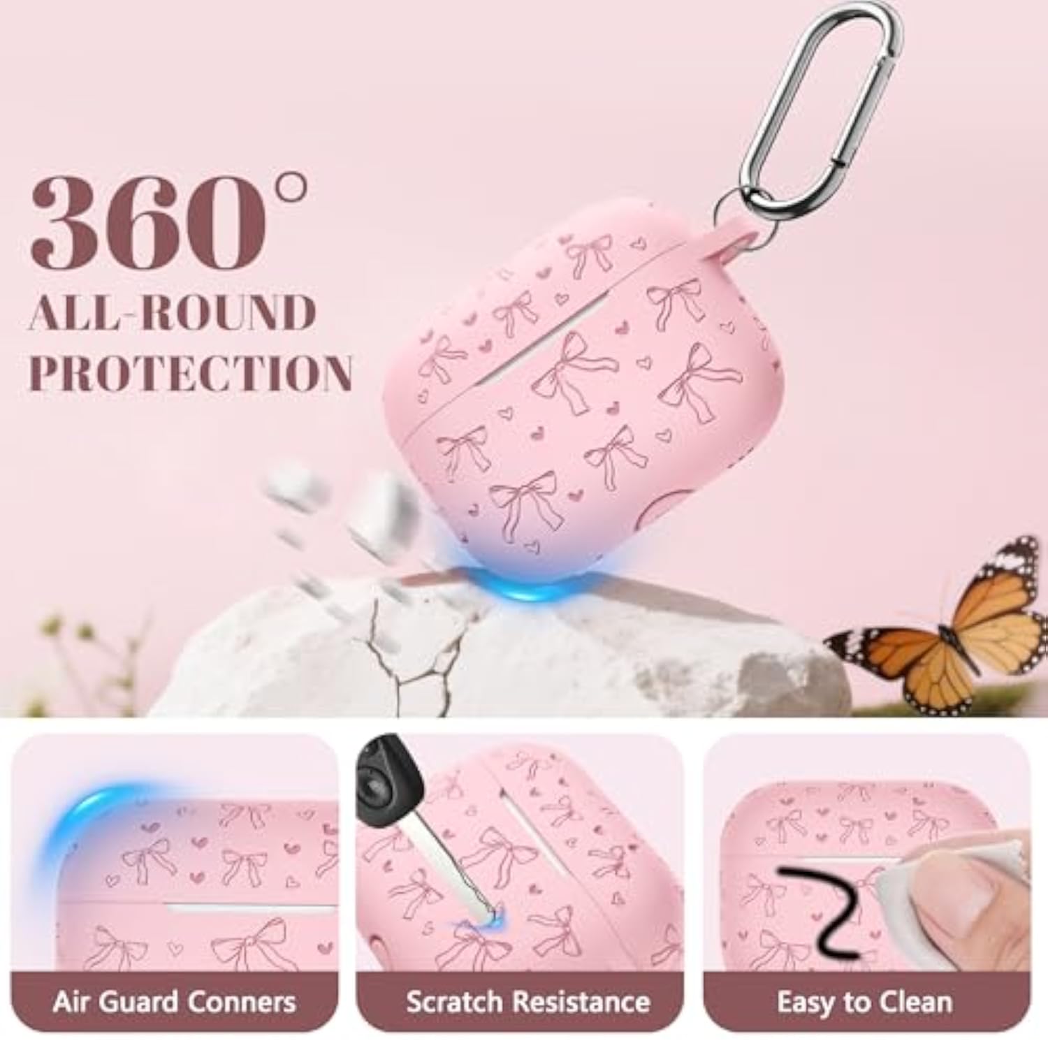 AirPods Pro 2 Case Cover with Cute Bow Heart Engraved Girly Design Soft Silicone Cover, Compatible with Apple AirPods Pro Case for Women, 360°Protection, Pink