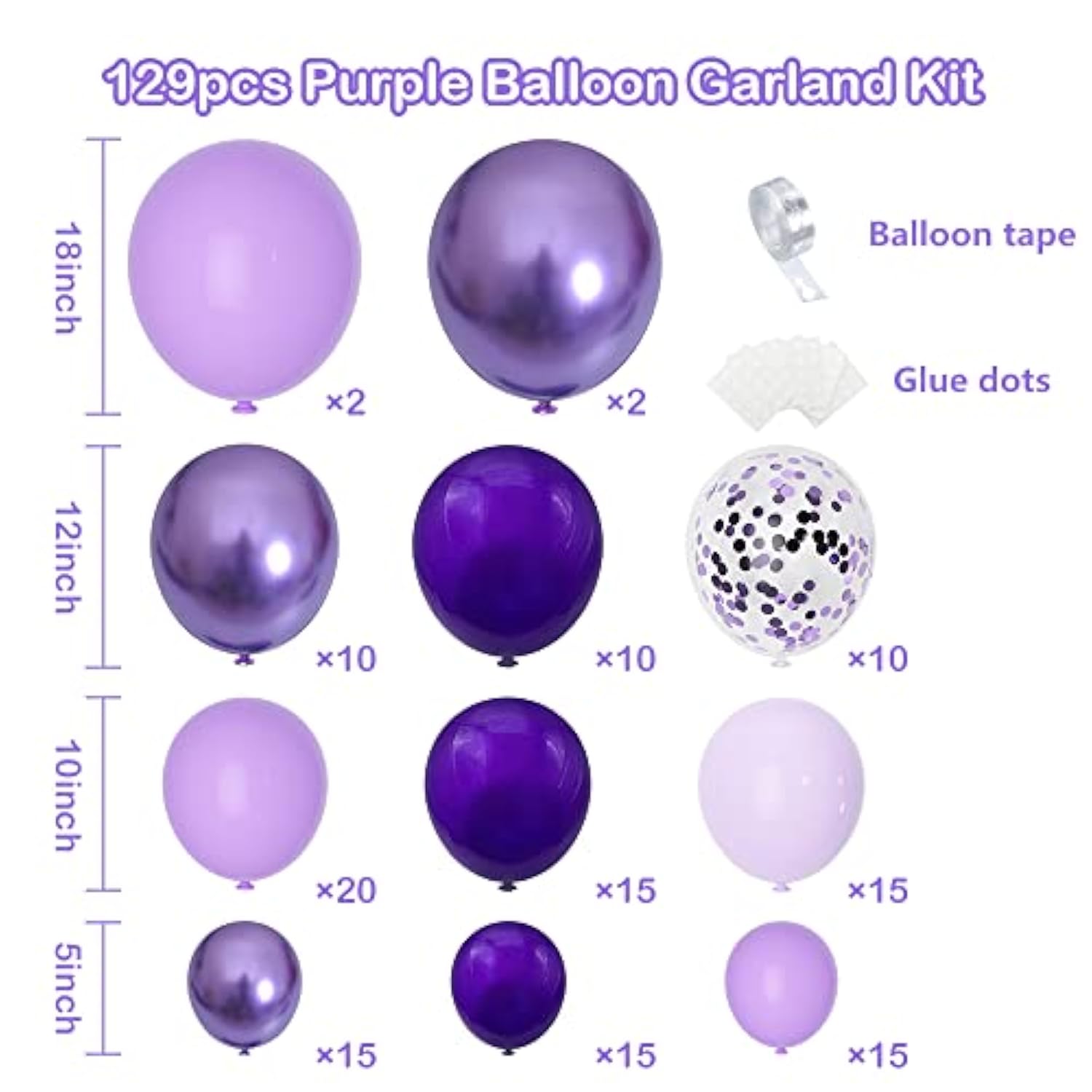 Purple Balloon Garland Kit – 129pcs Mixed Sizes for Birthday, Wedding & Party Decor