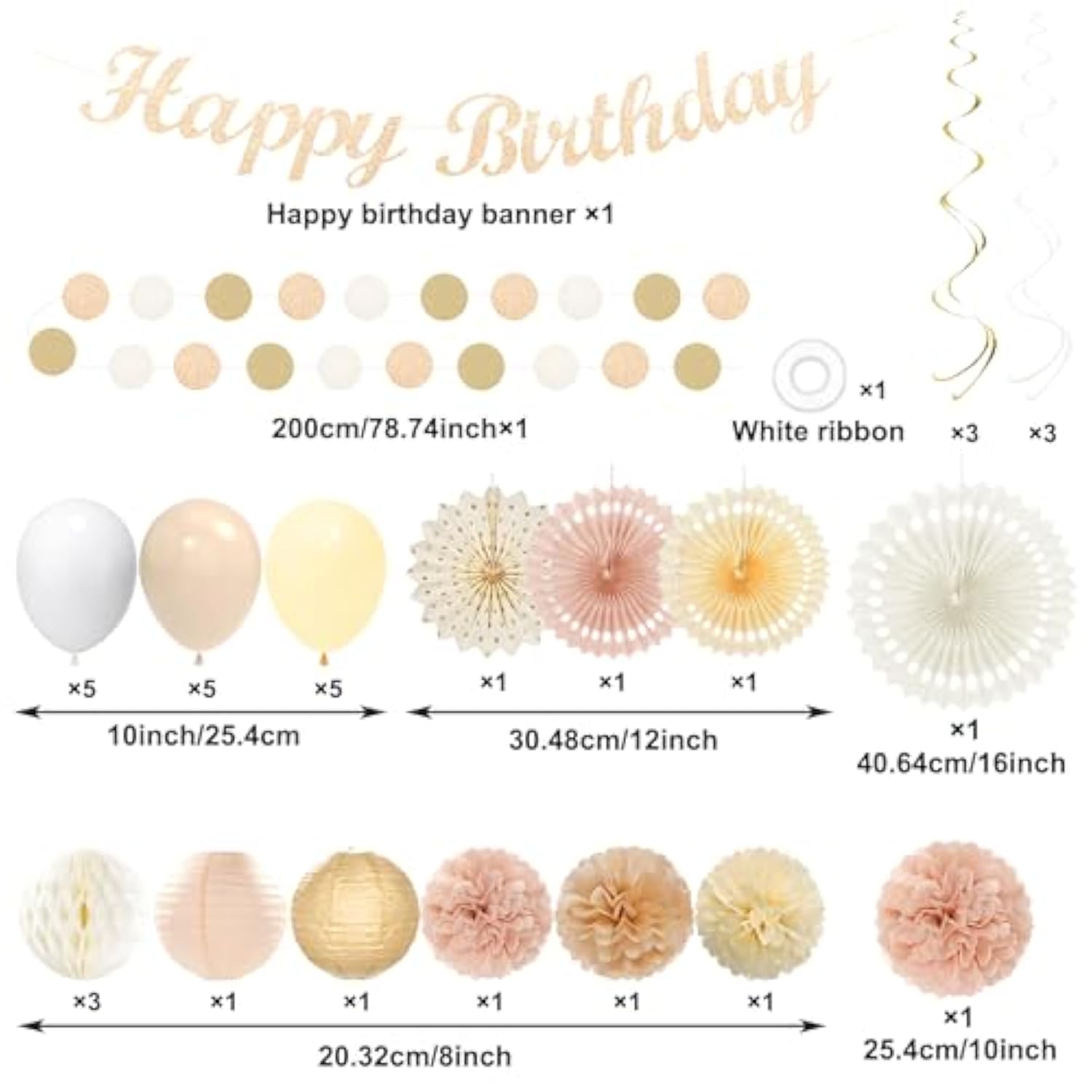 Champagne-Gold Pink Birthday Decorations For Women Girls,Pre-Strung Happy Birthday Banner,Boho Peach Paper Lanterns Tissue Pom Poms Fan,Cream White Balloons,Girl Woman Party Backdrop Supplies