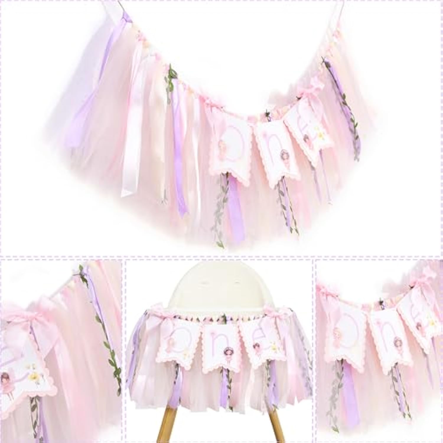 Fairy One High Chair Banner - Little Fairy 1St Birthday Party Decoration,Sweet Floral Highchair Banner With Ribbon,Princess Tea Party Photo Backdrop,Flower Fairies First Birthday Garland