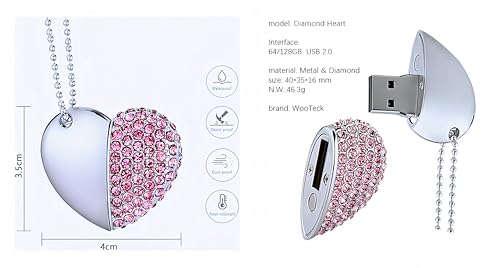 128Gb Crystal Loving Heart Jewelry Usb Flash Drive Memory Stick With Necklace,Pink