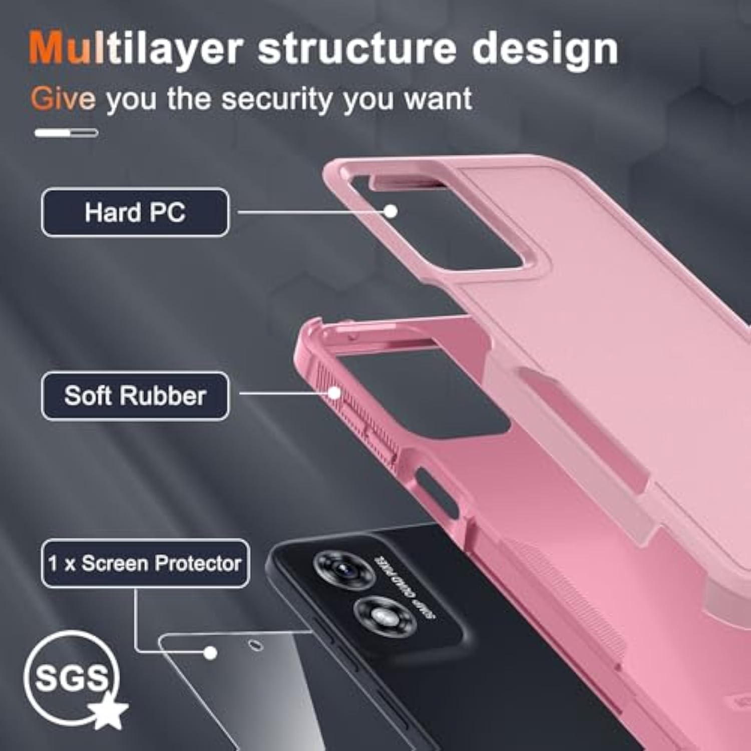 Case Compatible With Moto G Play 2024, Full Body Heavy Duty Rugged Shockproof Protective Phone Cover With Lanyard Strap,Tempered Glass Screen Protector,Cute Pink