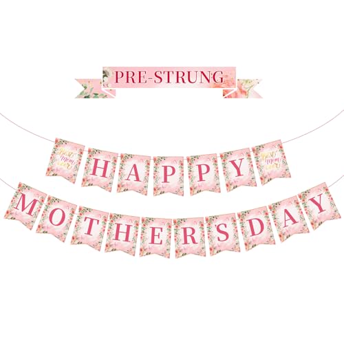 Pre-Strung Happy Mothers Day Banner, 2026 Mothers Day Decorations for Party, Pink Best Mom Ever Sign Bunting Banner Garland, Mother's Day Background for Photo Props