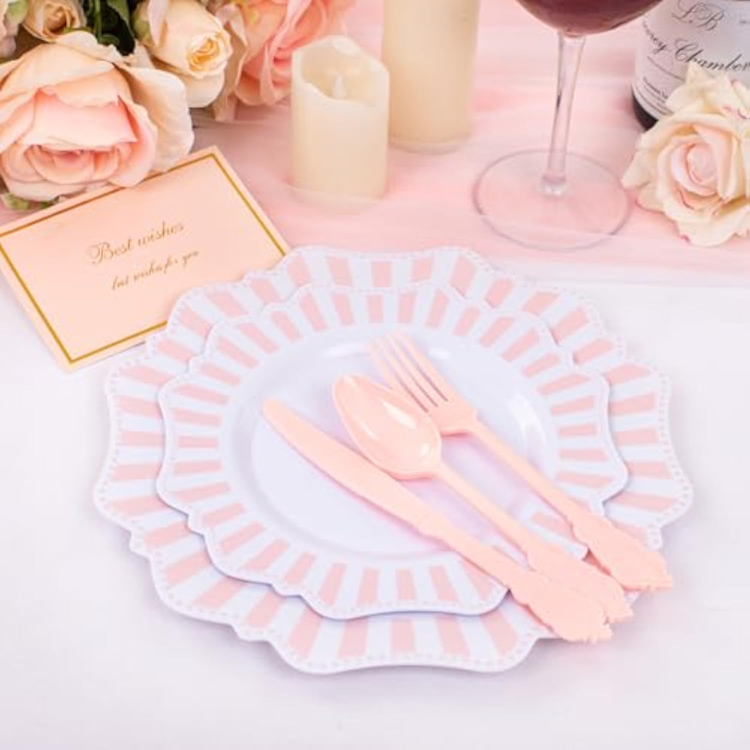 150Pcs Disposable Pink And White Stripped Plastic Plates And Silverware Set, Light Pink Dinner/Dessert Plates Silverware Serve 30Guests For Easter Day, Wedding Party And Daily Use.