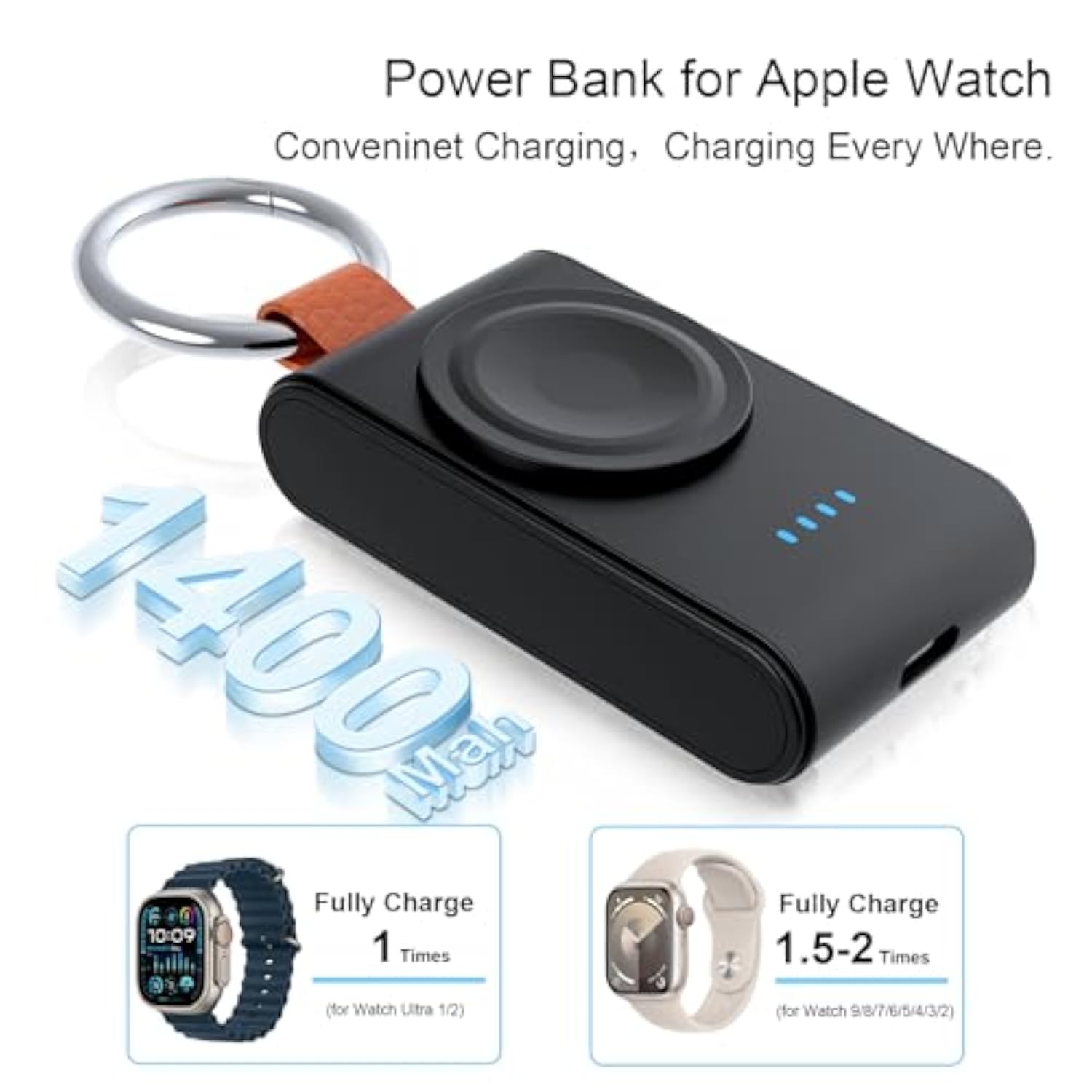 Portable Charger For Apple Watch, Raugee 1400Mah Travel Charging Wireless Usb-C Watch Charger For Iwatch Series 10/9/8/7/6/5/4/3/Ultra/Ultra 2 With Keychain