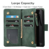 Wallet Case For Iphone 15 (6.1 Inch) With Rfid Blocking Credit Card Holder, Premium Pu Leather [Zipper Pocket] Flip Folio Wallet With Wrist Strap Kickstand Protective Case (Black Green)