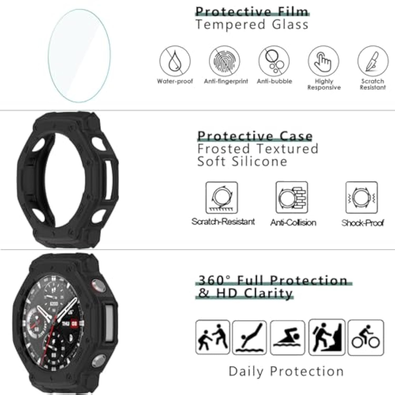 [1+4 Pack] Case With Tempered Glass Screen Protector Compatible With Amazfit T-Rex 3, Bumper Full Coverage Protective Soft Cases Face Cover For Amazfit T-Rex 3 Black