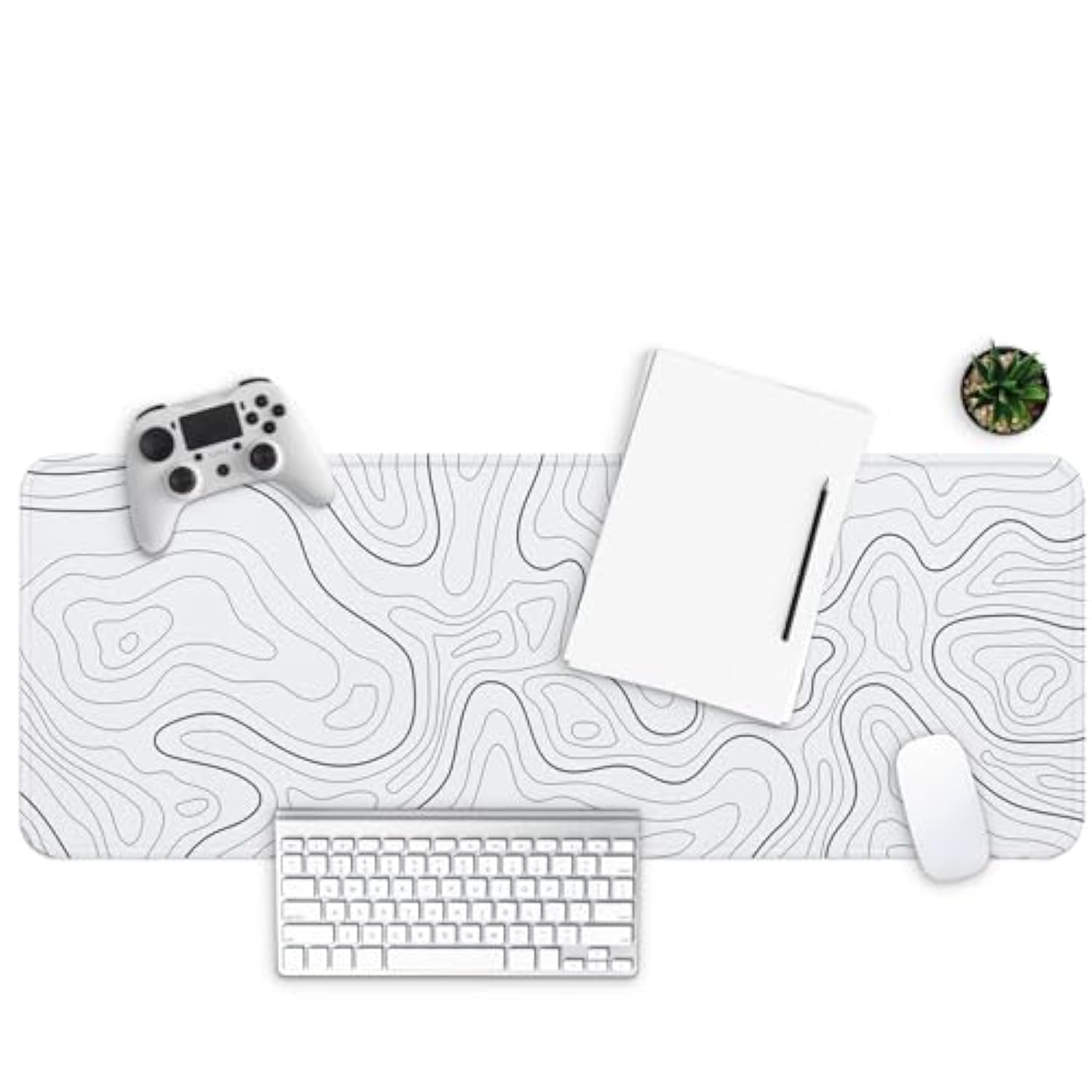 Large Gaming Mouse Pad, Full Keyboard Mat, Long Laptop Mousepad, Computer Mouse Mat For Home And Office, Anti-Slip Rubber Base, 31.5 X 11.8 Inches (Grey White Topographic Map)