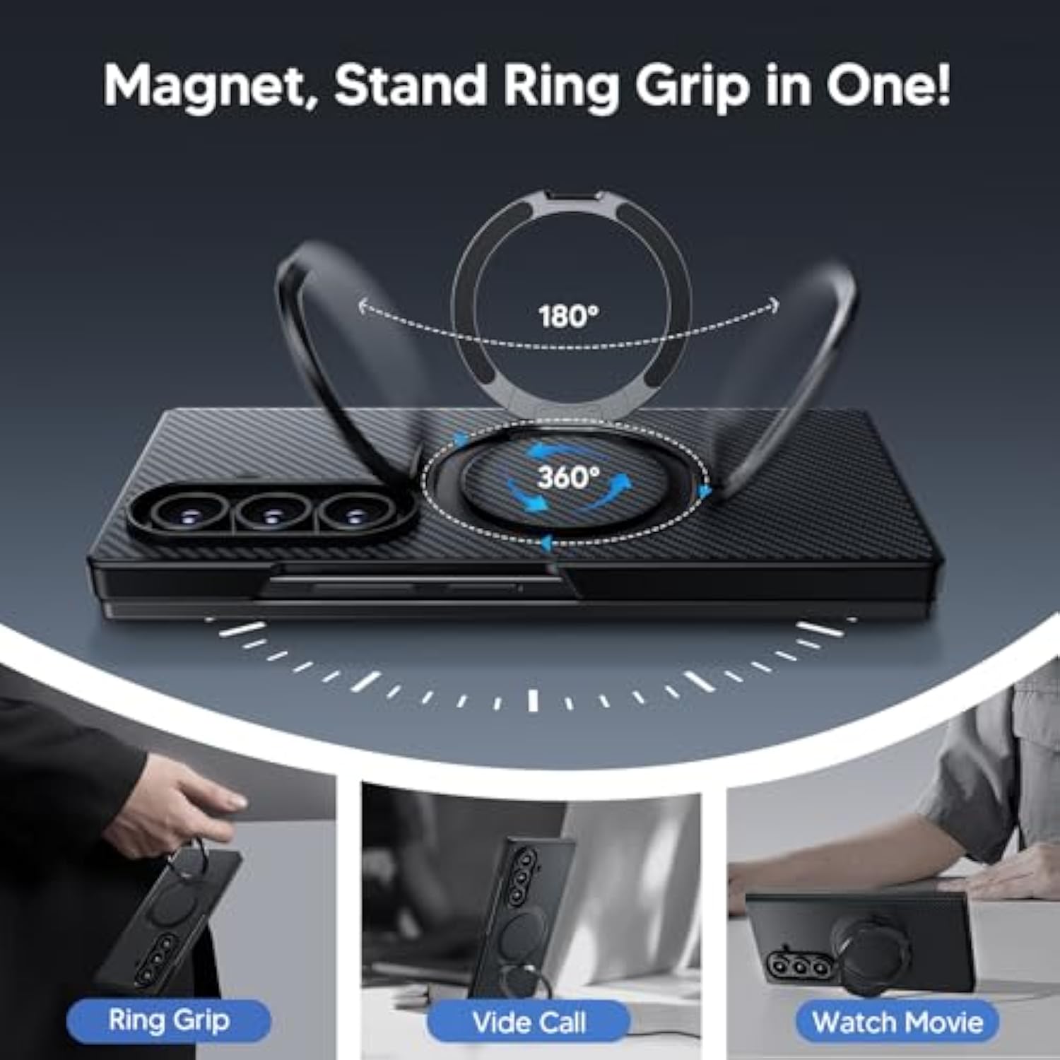 For Samsung Galaxy Z Fold 7 Case With 360° Magnetic Stand - Military Grade Shockproof Case With 2 X Screen Protector, Compatible With Magsafe, Carbon Fiber Texture Design For Z Fold 7, Black