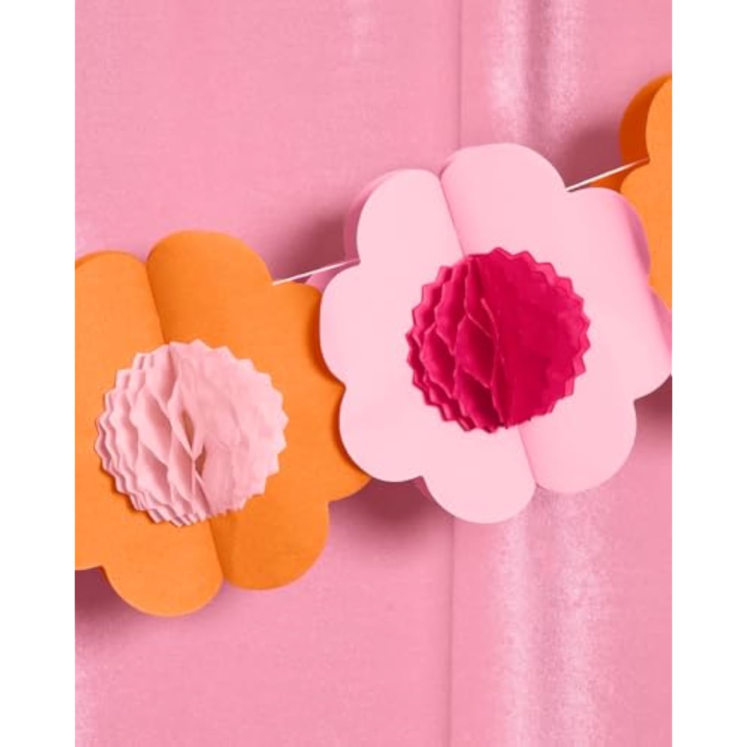 Pink + Orange Groovy Paper Flower Garland - 10 Ft. | 3D 70S Kids Birthday Party Decoration, Cute Tissue Paper Bachelorette Supplies, Hanging Photo Booth Backdrop