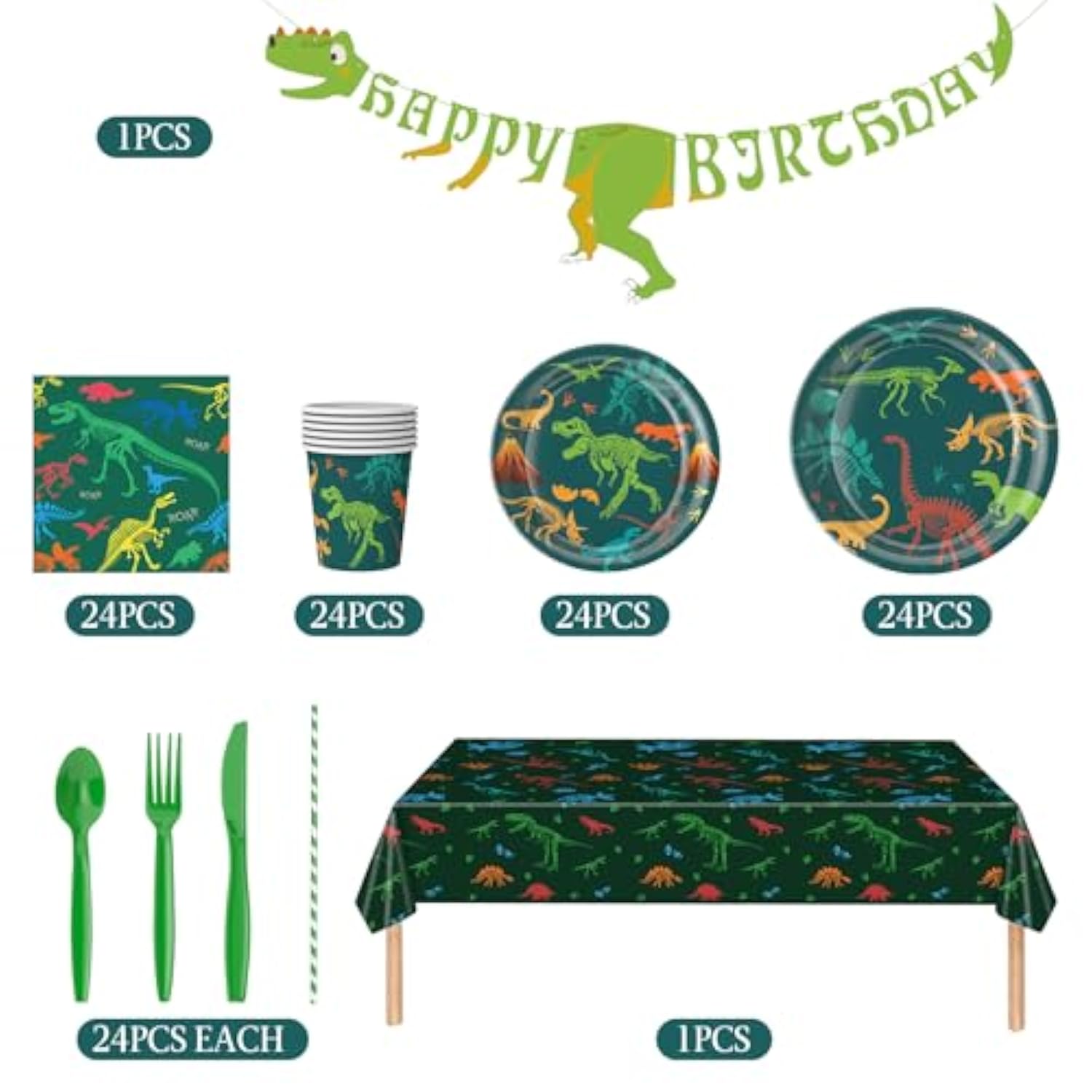 Dinosaur Plates And Napkins For Birthday Party Dino Tableware Set,Dinosaur Party Decorations Dino Plate Baby Shower,Disposable Dinosaurs Dinnerware Set With Tablecloth Cup Banner For Kids Boy Serve 24