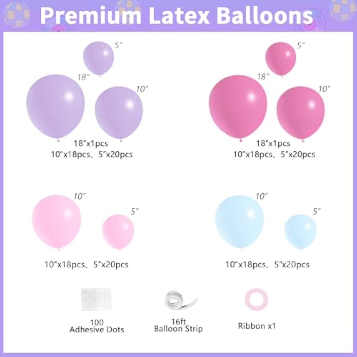 184Pcs Silver Blue Pink Purple Balloon Arch Kit with Banner and Disco Balloons