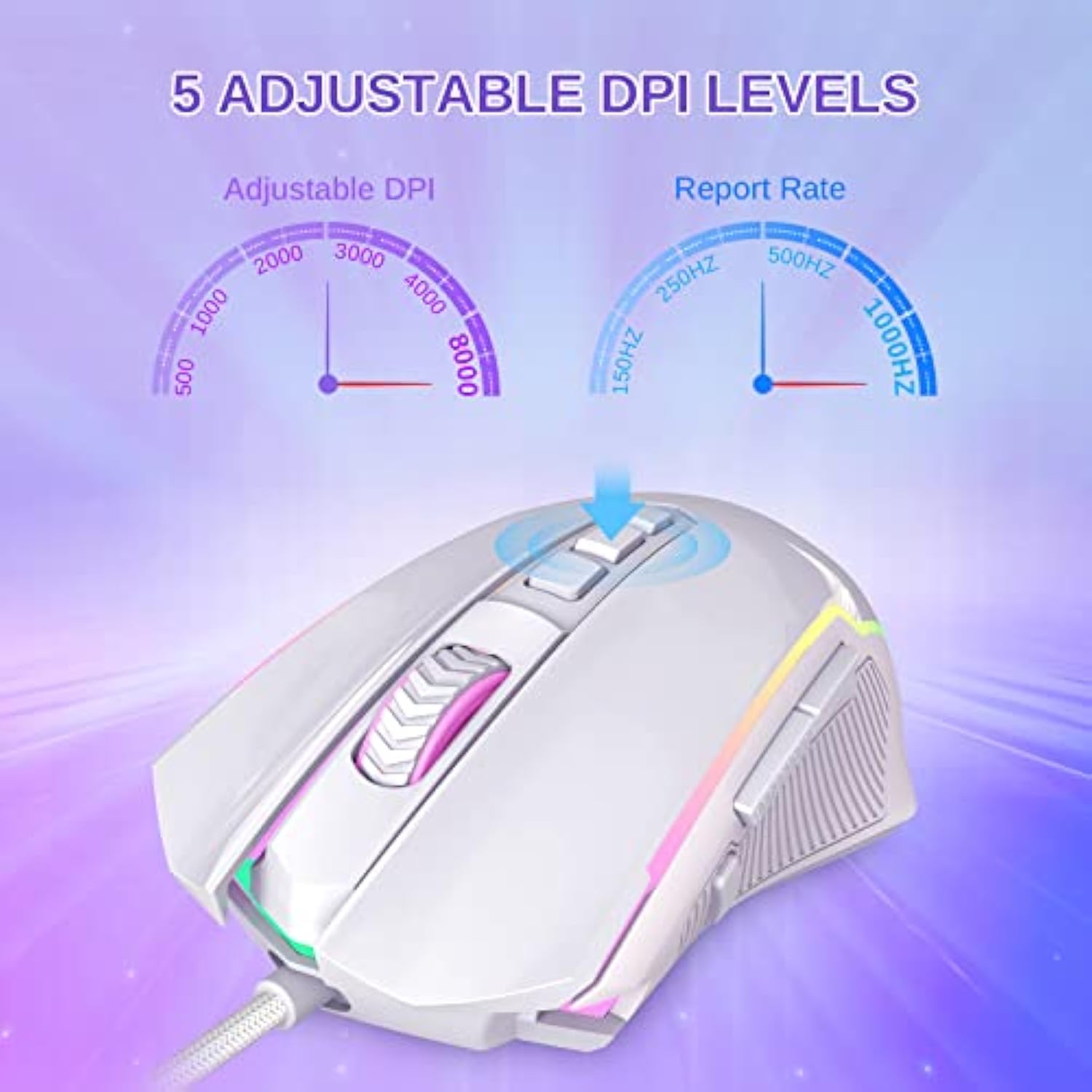 Redragon Gaming Mouse, Wired White Mouse with RGB Backlit, 8000 DPI Adjustable, PC Gaming Mice with 9 Programmable Macro Buttons & Fire Button, PC Gaming Mouse for Windows/Mac, White