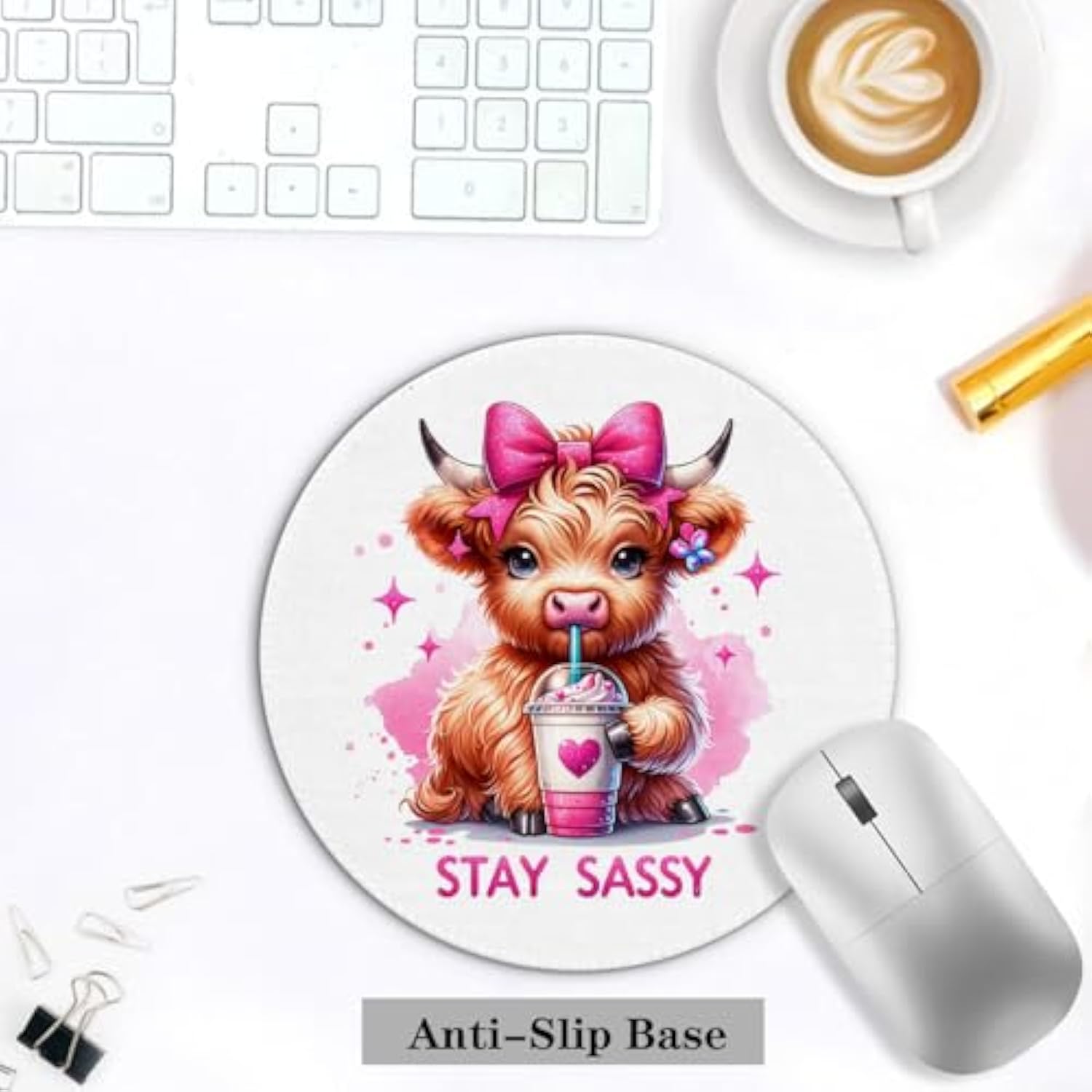 Tuy-Mousep-009 Highland Cow Mouse Pad, Coquette Pink Bow Cow Mouse Pads For Wireless Mouse Computers Laptop Desk Accessories, Highland Cow Gifts, Cow Gifts For Cow Lovers,Office Supplies, 7.9X7.9 Inch