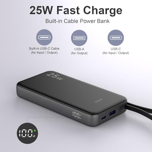 25w Portable Charger 10000mAh Power Bank with Built-in USB C Cable, Battery Pack Charger Portable LED Display Tavel Essential Phone Charger