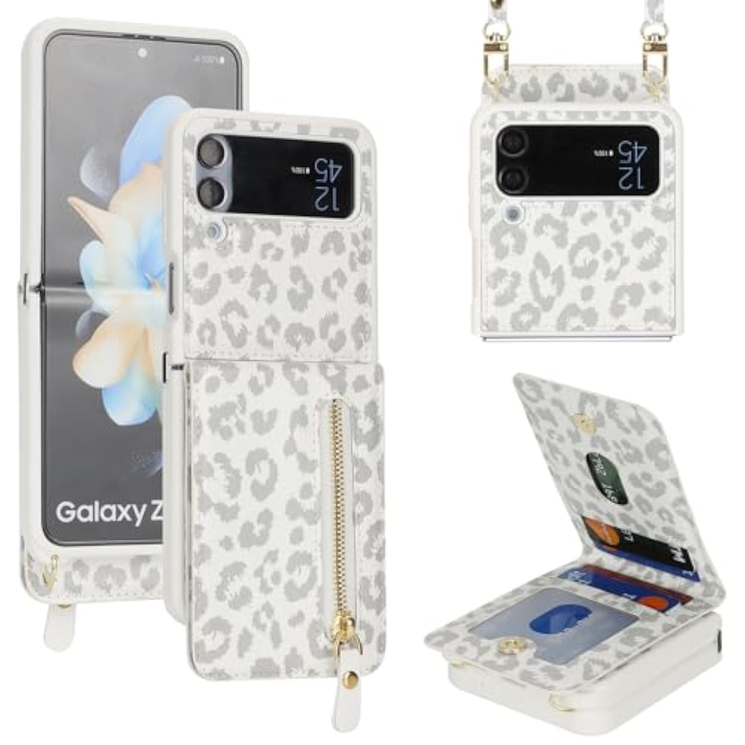 For Samsung Galaxy Z Flip 4 Case Wallet With Strap, Crossbody Strap Lanyard Card Holder Stand, Flip 4 Phone Case Cute, Leather Zipper Pocket Cover - Leopard White