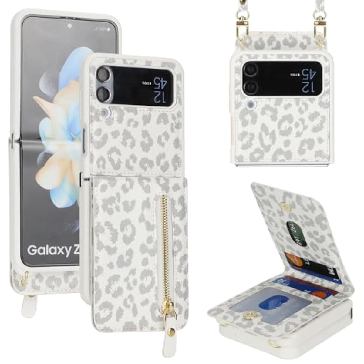 For Samsung Galaxy Z Flip 4 Case Wallet With Strap, Crossbody Strap Lanyard Card Holder Stand, Flip 4 Phone Case Cute, Leather Zipper Pocket Cover - Leopard White