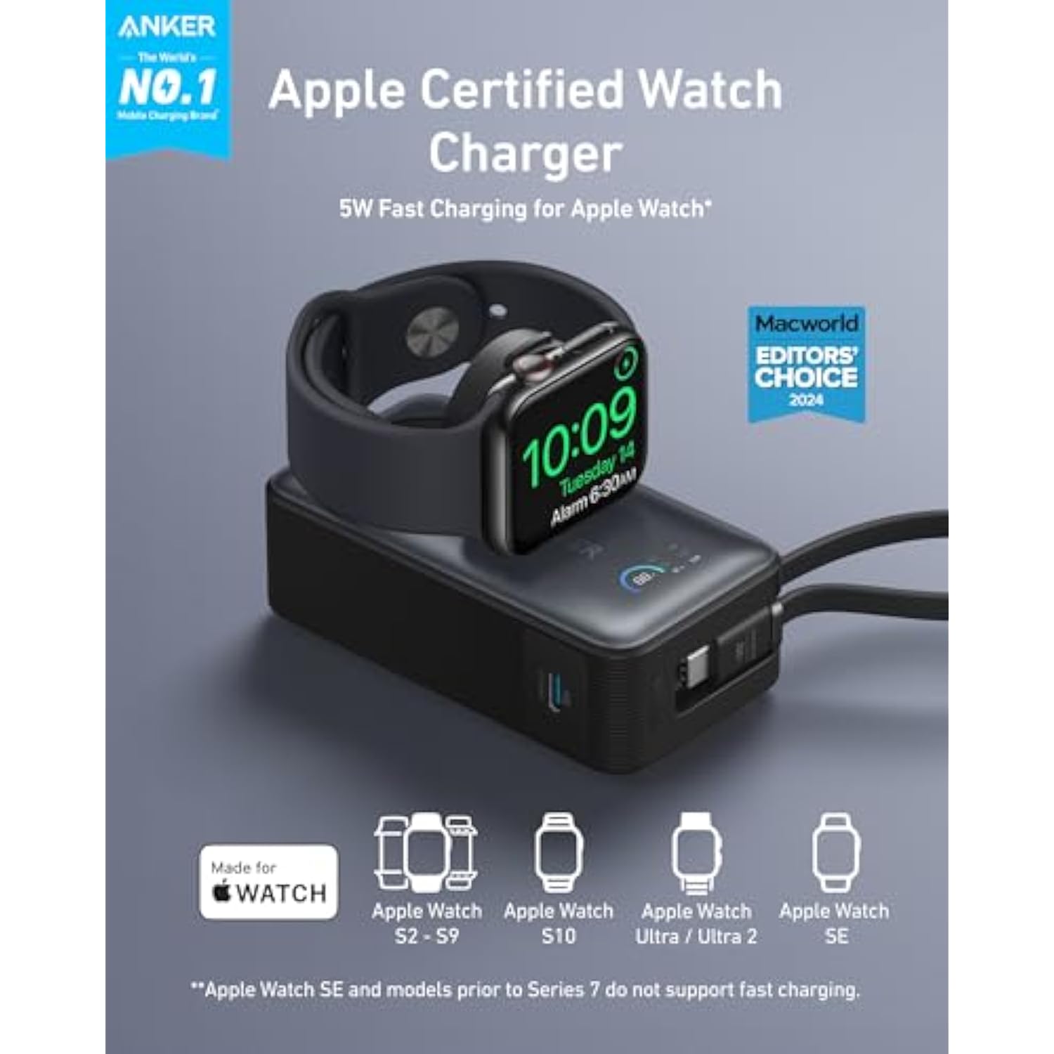 Anker MagGo Power Bank for Apple Watch, Officially Certified 10,000mAh Compact Battery Pack with Built-in USB-C Cable, 35W Max, for iPhone 15 Series, Samsung, iPad, AirPods, and More(Black)