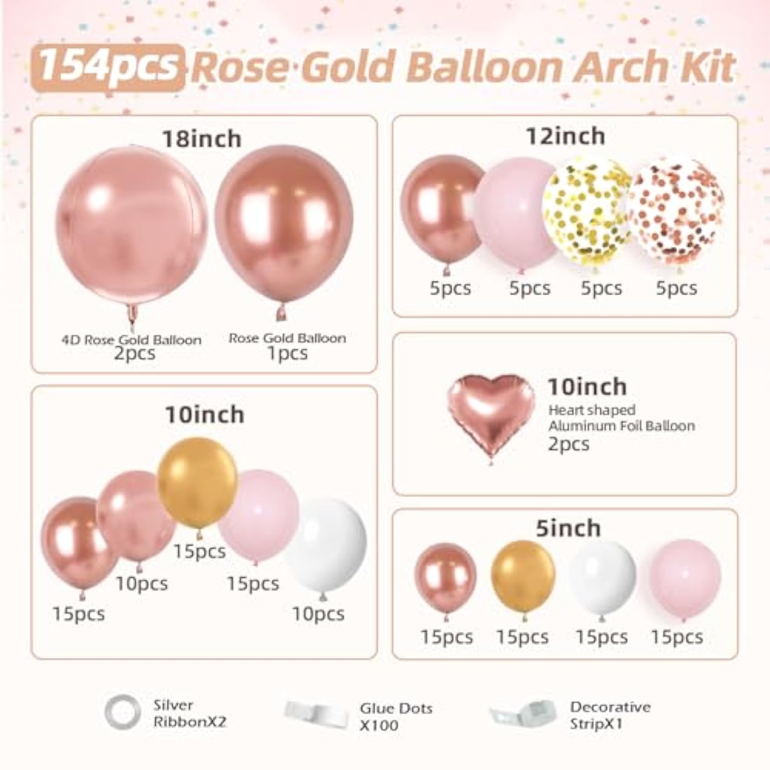 154Pcs Rose Gold Balloon Arch Garland Kit, Metallic Rose Gold And Pink Gold White Balloons For Birthday Baby Shower Bachelorette Wedding Bridal Shower Decorations