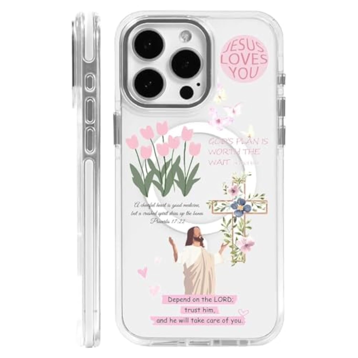 For Iphone 13/14 Case [Compatible With Magsafe],Girls Women Clear Magnetic Case Silicone Shockproof Protective Cover With Pattern Bible Jesus Flowers