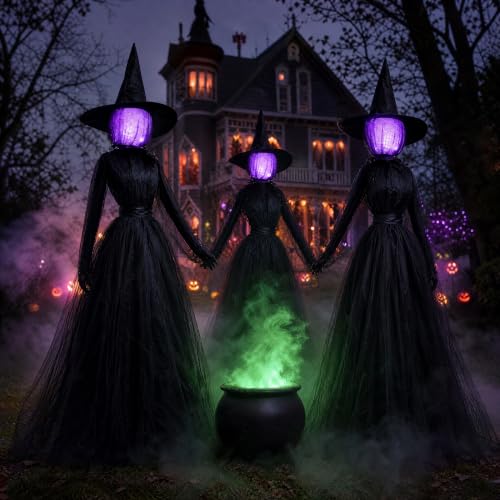 Halloween Witch Decorations Outdoor, 6 FT Set of 3 Light Up Head Holding Hands Witch with Stakes, Waterproof Witch Decor for Garden Yard Lawn Haunted House Decor