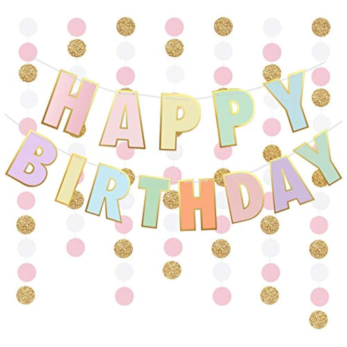 Pre-Strung Pastel Happy Birthday Banner & Dot Garland for Toddler Girls Party