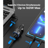 160W Car Charger With 100W E-Mark Cable - Multiport (2 Usb-C & 1 Usb-A) Super Fast Charging, Compatible With Iphone 15/14/13/12, Samsung S24/S23/S22, Ipad, Macbook, Windows Laptops & More