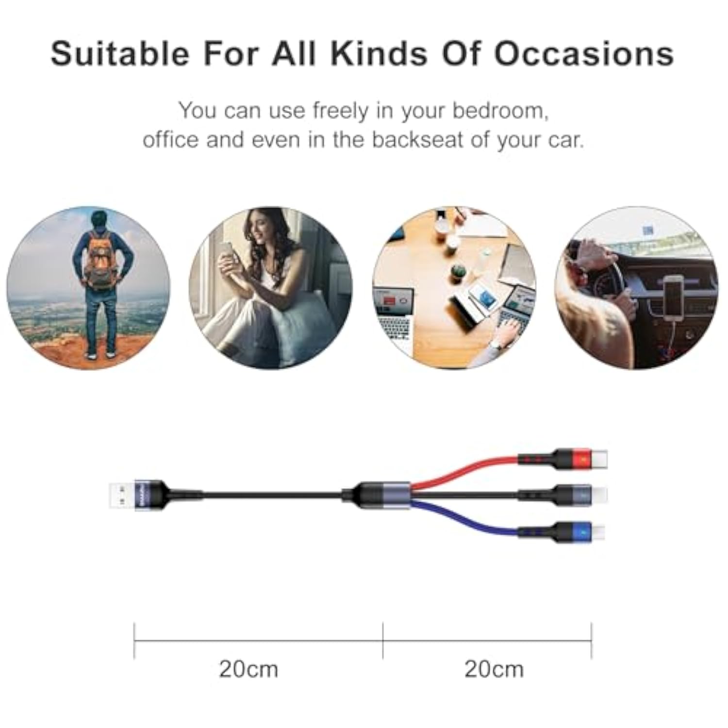 2Pack Multi Charging Cable Multiple Charger Cord Nylon Braided Short 1Ft 4 In