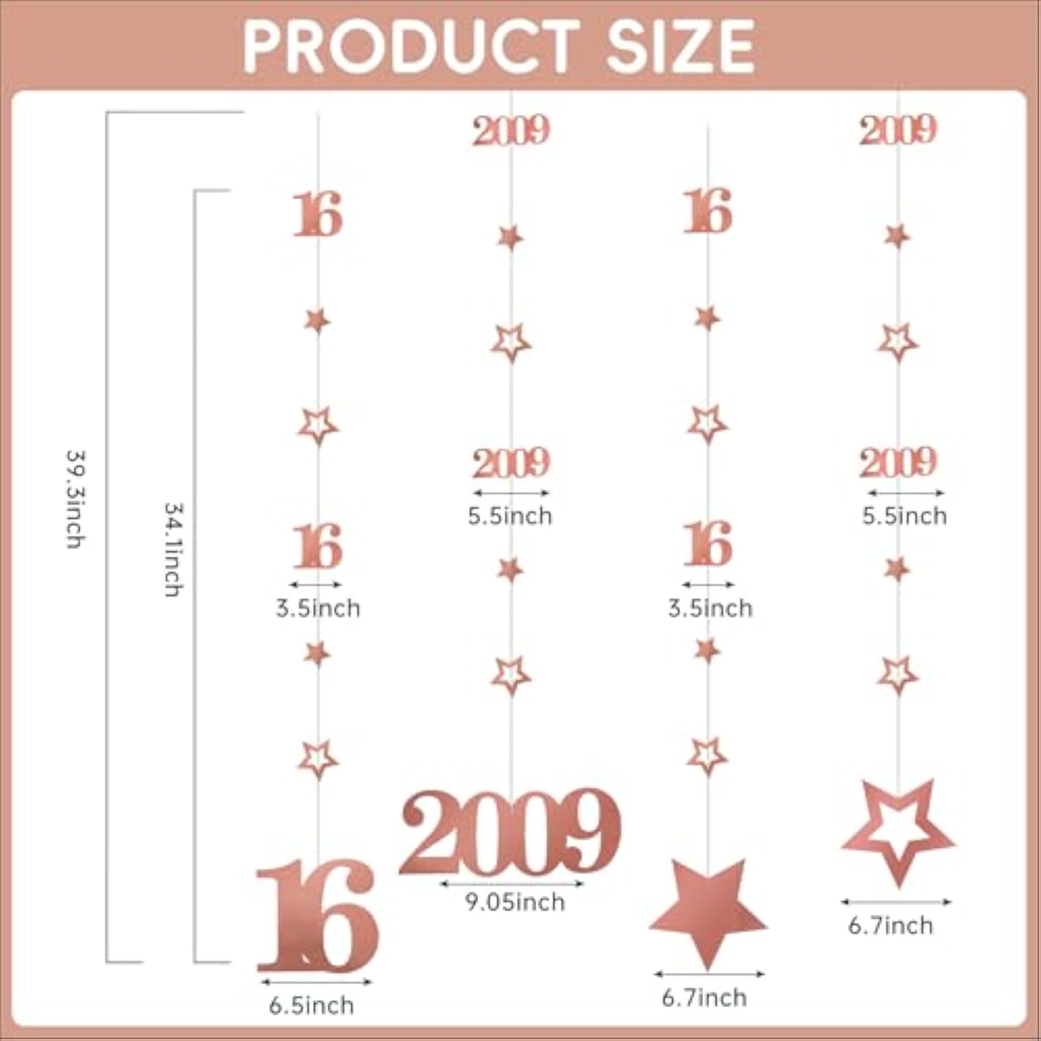 Pink Rose Gold Sweet 16 Party Decorations For Girls, Pre-Strung Glitter Twinkle Number 2009 16 Years Old Hanging Streamer Banner Party Supplies, Pink Happy 16Th Birthday Gifts Decor