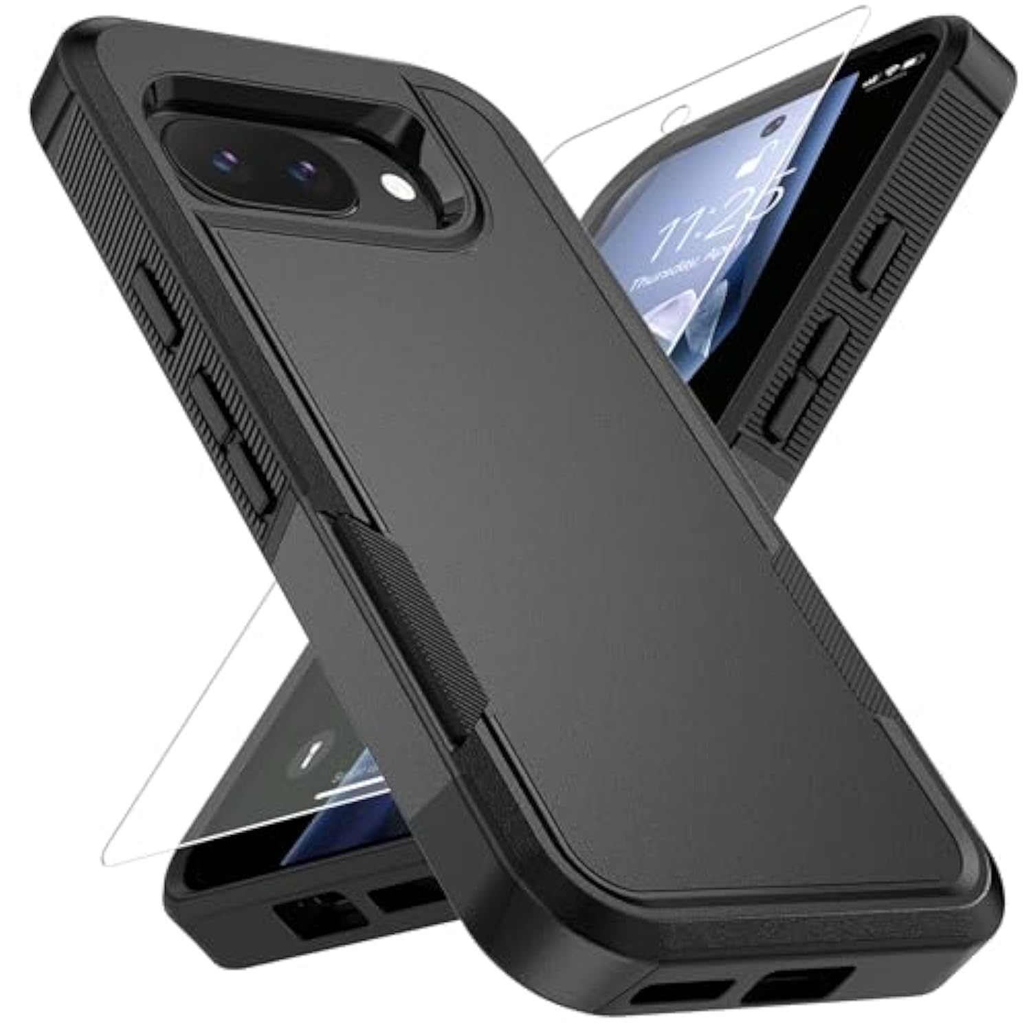 For Google Pixel 9A Case With Hd Screen Protector, Military-Grade Shockproof & Dual-Layer Protection, Anti-Slip Grip Design Phone Case, Black