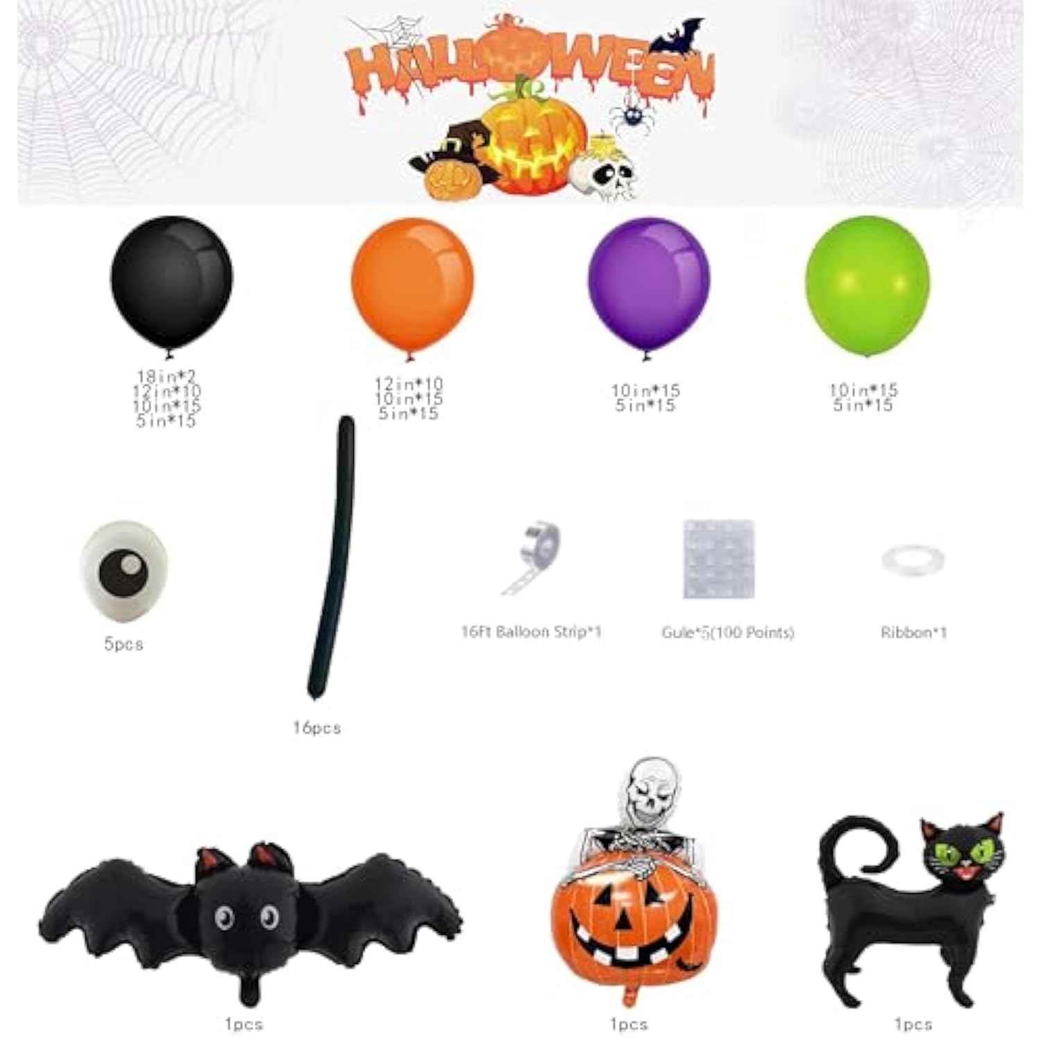173Pcs Halloween Balloon Garland Arch Kit with Spider Foil Black Orange Green Purple Balloons