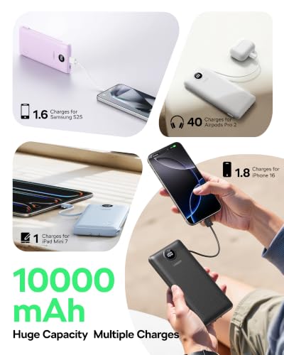 AC Wall Plug Portable Charger, 10000mah Slim Portable Charger Built in Cables, USB C Power Bank 15W Fast Charging, Travel Essential Battery Pack
