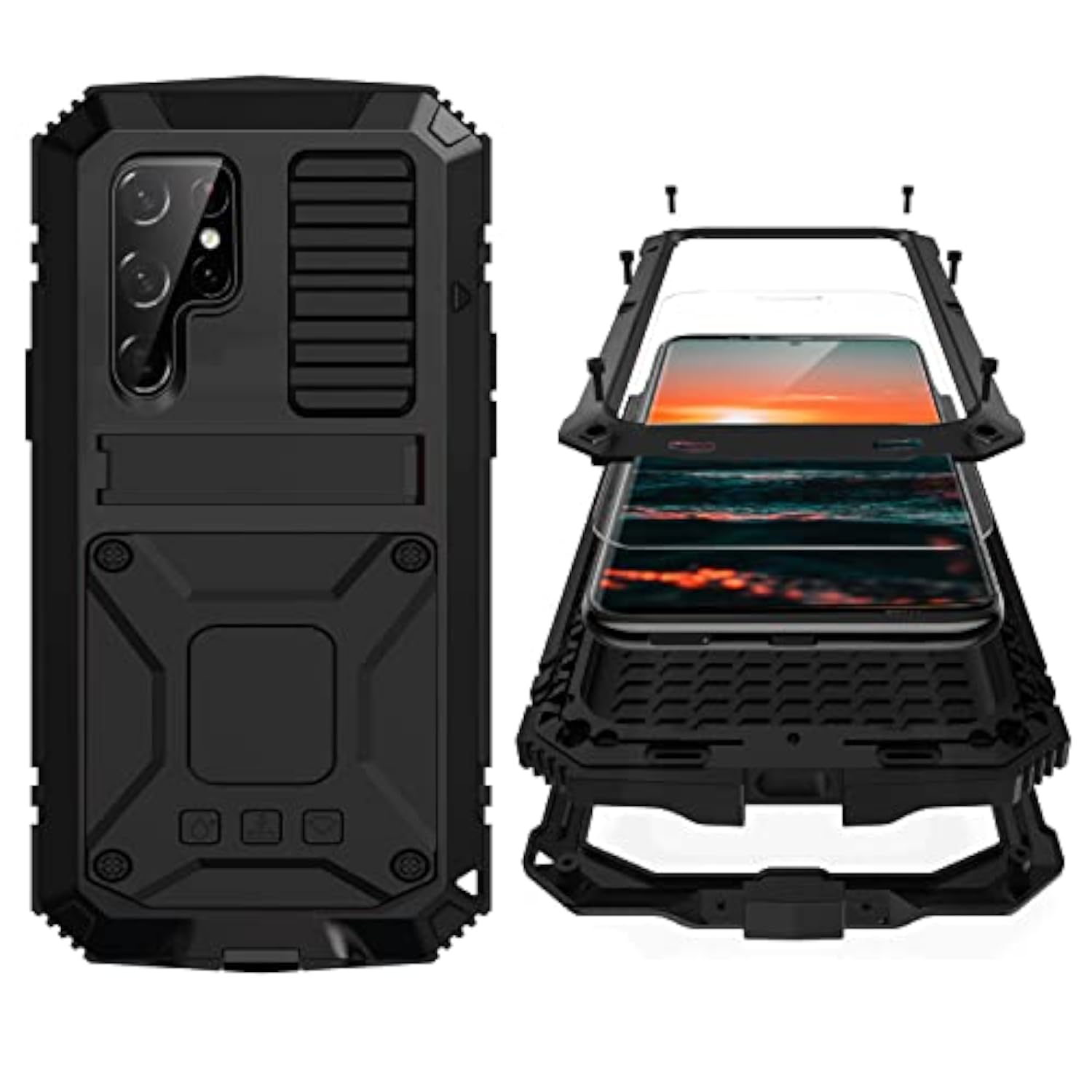 Samsung S22 Ultra Metal Case with Screen Protector Camera Protector Military Rugged Heavy Duty Shockproof Case with Stand Full Cover Tough case for Samsung S22 Ultra (S22 Ultra, Black) - Heavy Duty Protection for Your Device