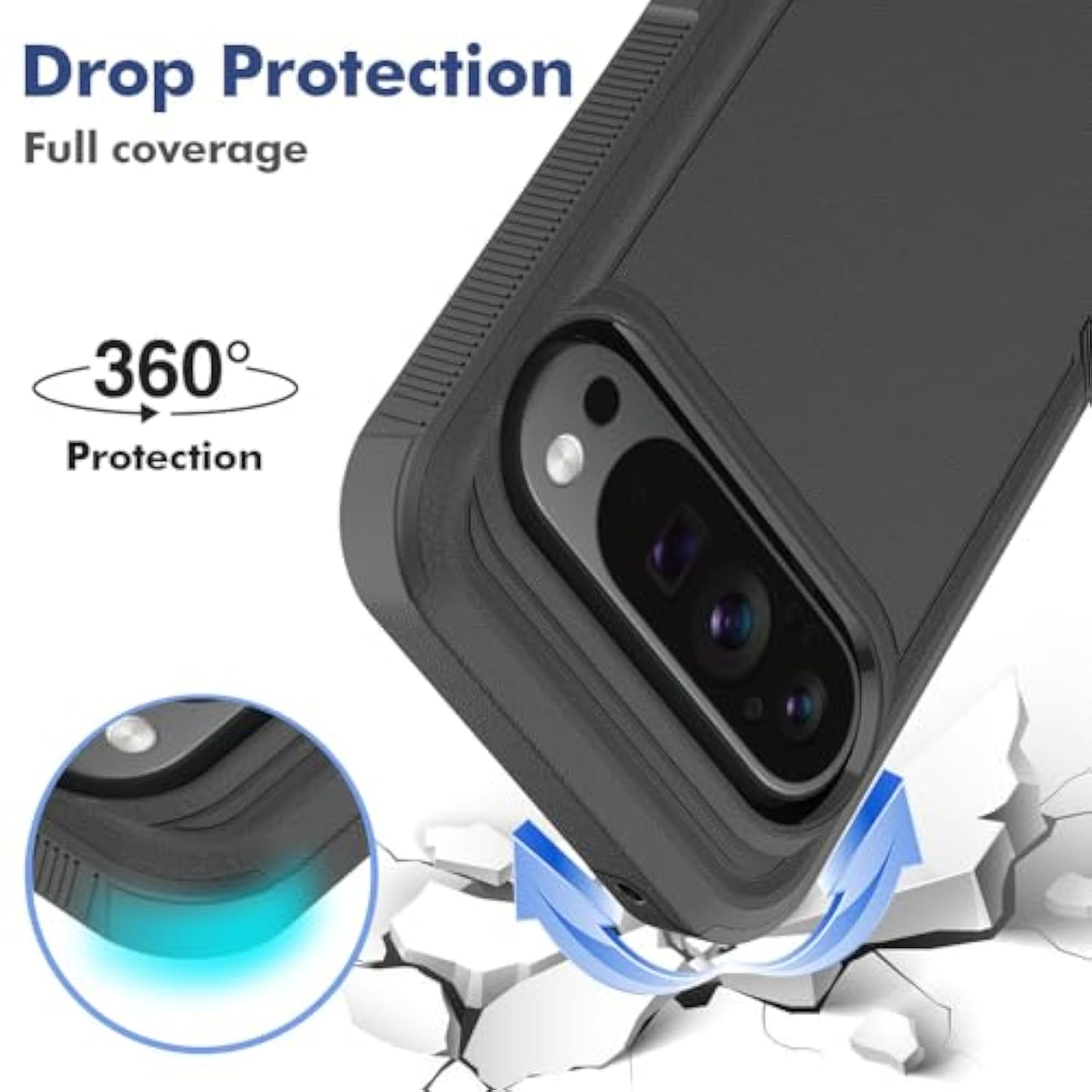 Pixel 9 Pro XL Dual Layer Case, Heavy Duty Shockproof, Screen Protector - Black