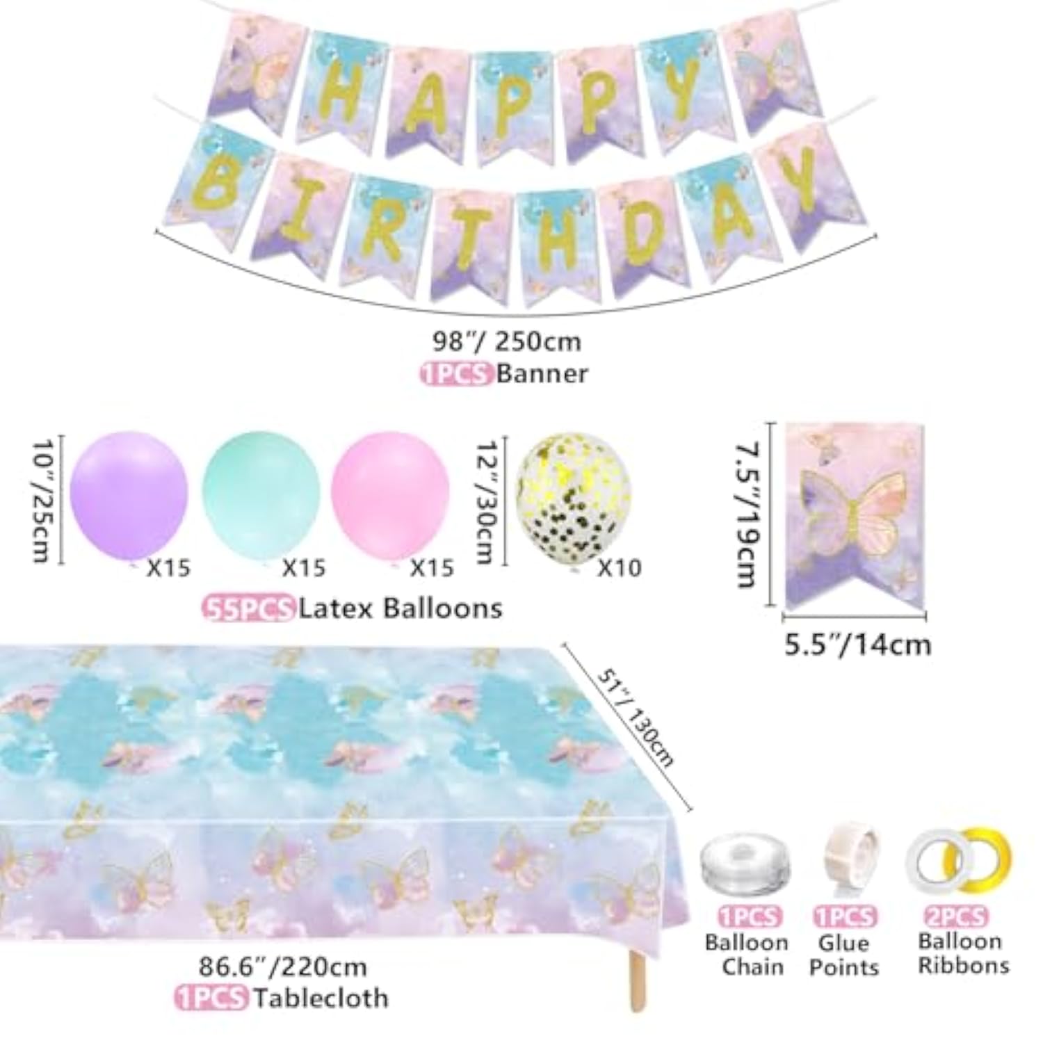 254 Pcs Party Decorations - Including Plates, Tablecloth, Balloons, Banner, Cups, Butterfly Wing Set For Birthday, Fairy Party Supplies