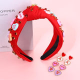 Valentine’S Day Headband For Women Love Xoxo Heart Headbands Jeweled Conversation Heart Knotted Headband Pink Red Rhinestone Crystal Top Knot Headbands Valentine’S Day Accessories Gifts (Red Set)