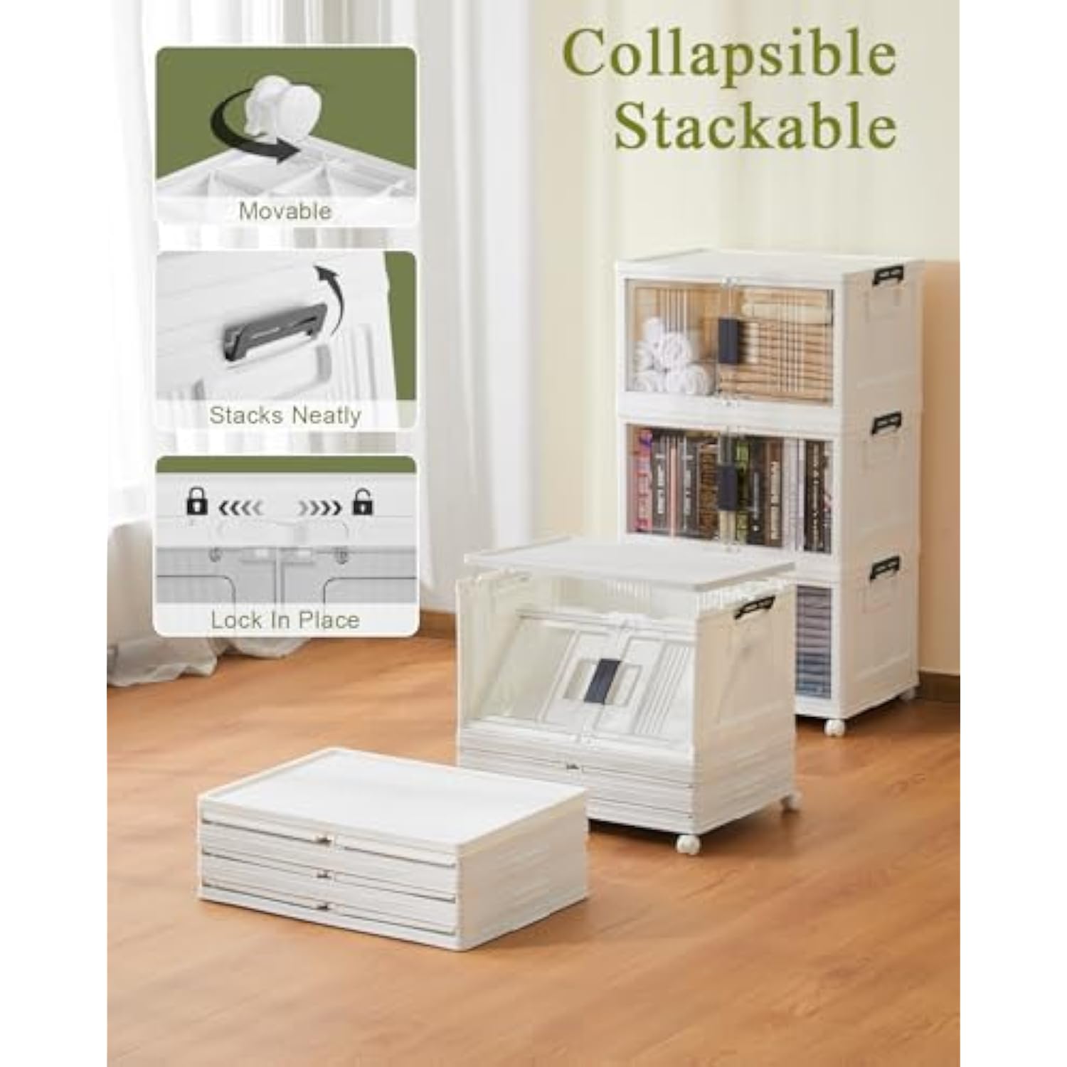 144Qt Lockable Storage Bins With Lids - Folding Storage Box With Doors And Wheels, Collapsible Plastic Bins For Closets, Stackable Organizer And Containers, Christmas Gifts, 3 Pack Cubes