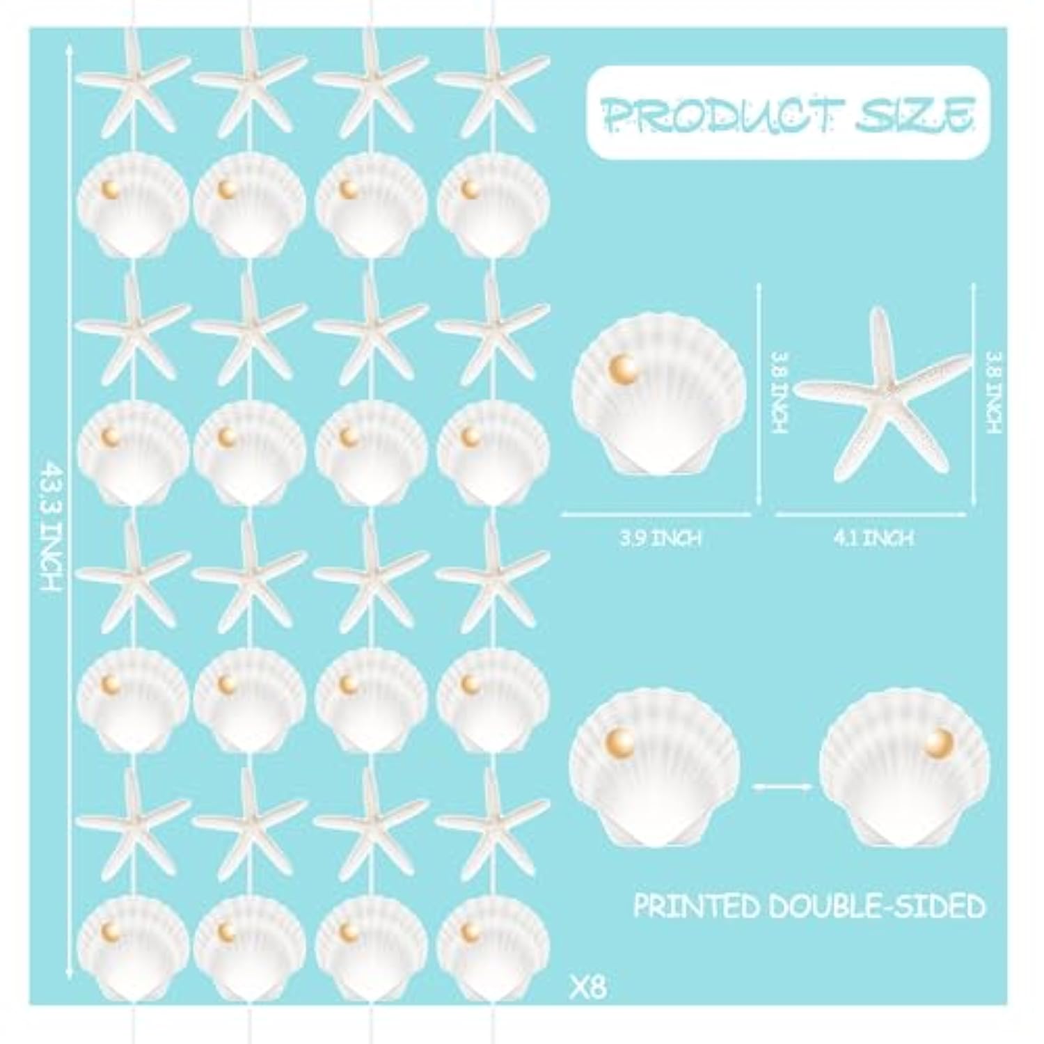 Beach Seashell Starfish Garlands 8Pcs Coastal Nautical Decorations Ocean Seashell Starfish Paper Pre-Strung Garland Banner Birthday Party Decor For Mermaid Theme Baby Shower Wedding Supplies