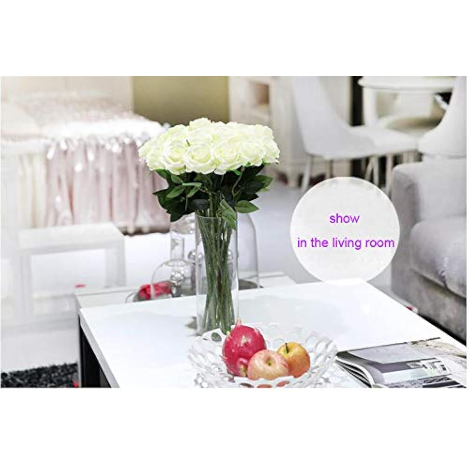 Artificial Silk Flowers Realistic Roses Bouquet Long Stem For Home Wedding Decoration Party (White)