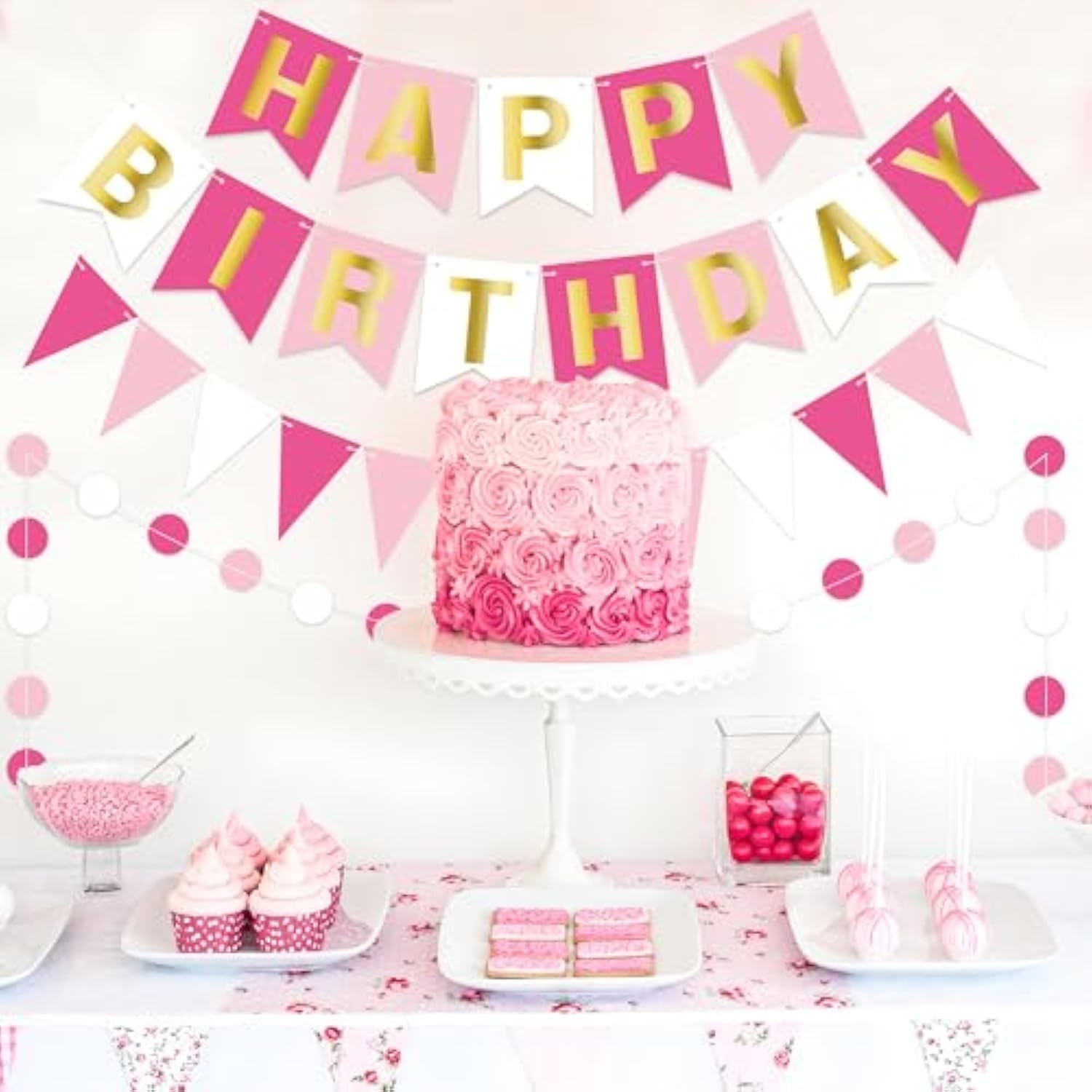 Pink Happy Birthday Banner Pre-Strung Happy Birthday Bunting Banner With Golden Letters Rose Pennant Flags Sparkle Birthdays Decor Pink Themed Party Supplies For Women Girls Kids Adults